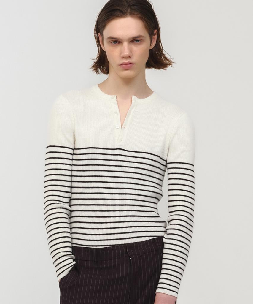 MOONSUN Unisex, Stripe Henley Neck Knit / Iv Stripe