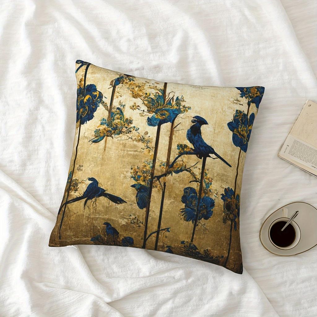 Double Sided Chinoiserie Blue Bird Throw Pillow Cover Vintage Golden Floral Print Decorative Cushion Case For Couch Home Decor
