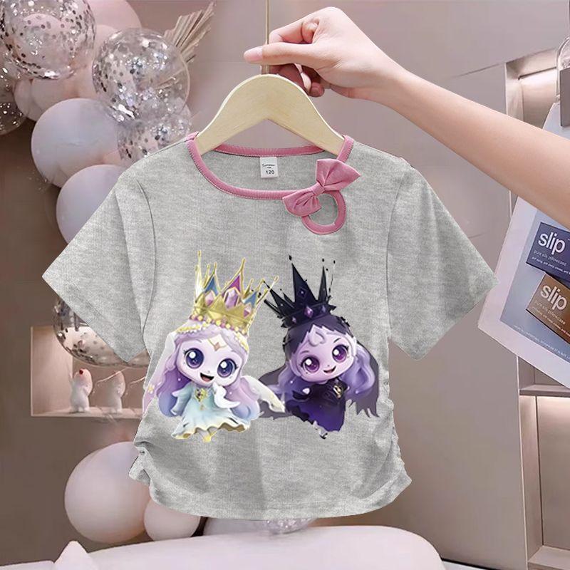 Girls' Cute Bowtie Top for Summer Children's Fashionable Round-neck Short-sleeved Pure Cotton T-shirt