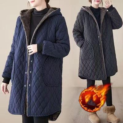 Autumn Winter Striped Cotton Jacket Women Warm Plush Thicken Hooded Coat Fashion Loose Female Casual Long Overcoat