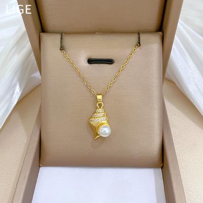 Snail Pearl Full Diamond Light Luxury Temperament Gorgeous Full Diamond Necklace Women'S Versatile Collarbone Chain Titanium Steel Chain