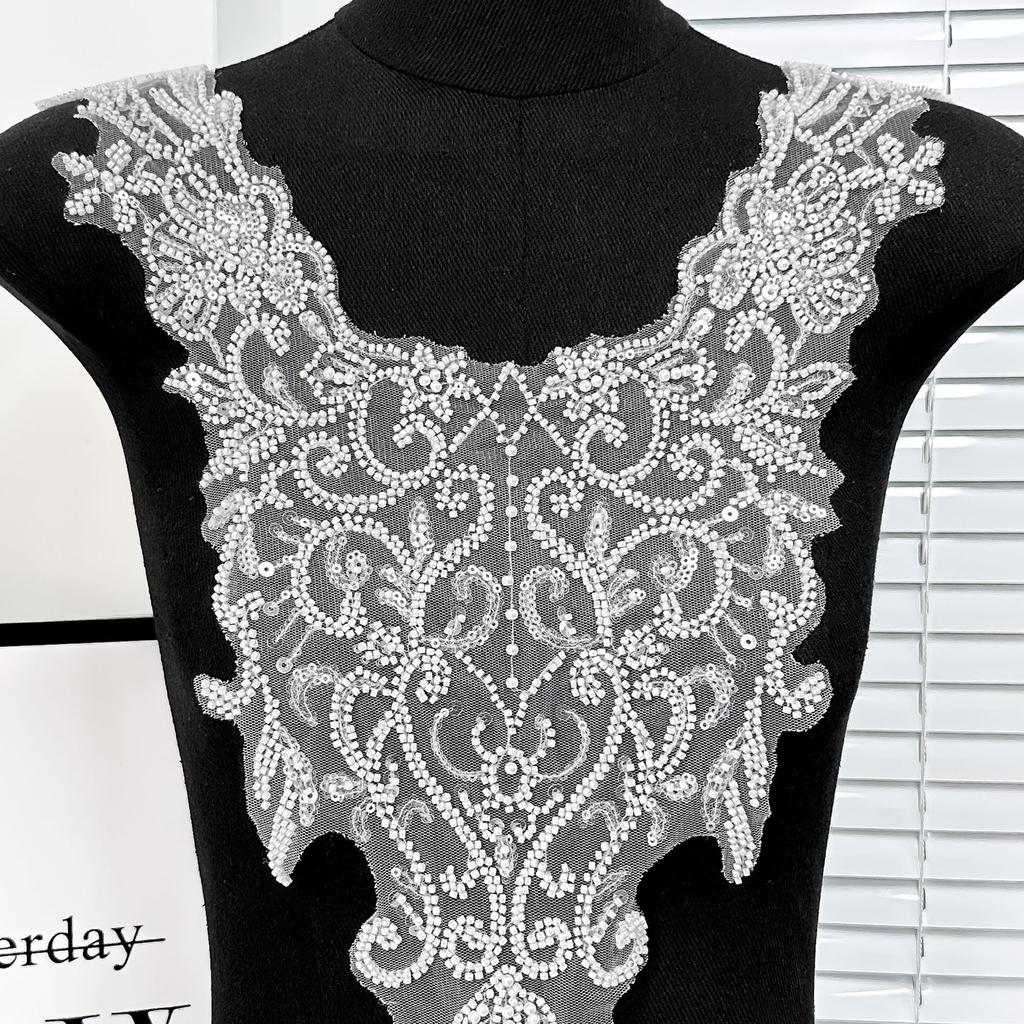 White Sequin Embroidery Decorative Front Neck Lace Fabric Flower Diy Pair Neck Wedding Dress Neckline