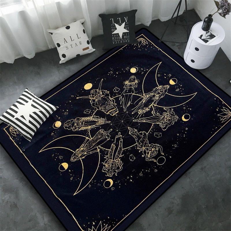 Triple Moon and Pentagram Altar or Tarot Witchy Floor Mat Black Witch Rug Gothic Decor Phases Divination Runic Carpet