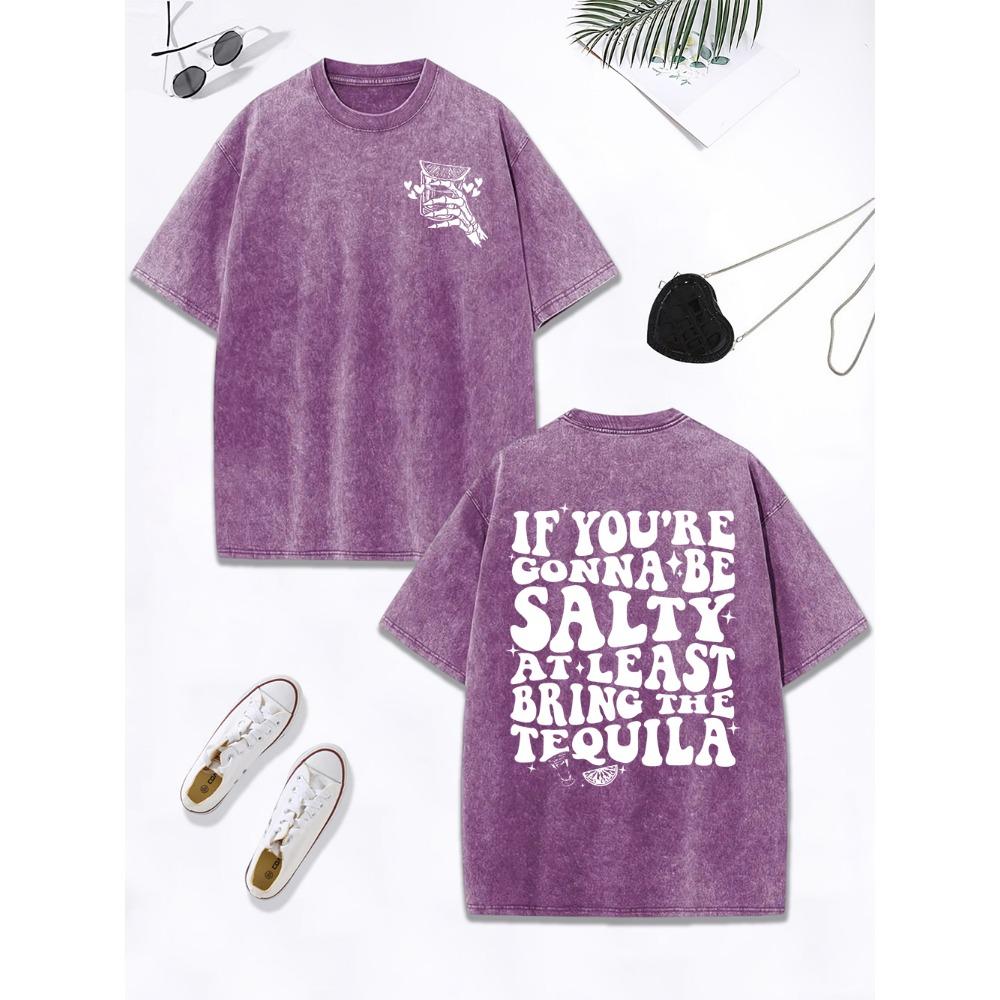 Least Bring The Tequila Prints Washed T-Shirt Women Cotton Oversize Tops O-Neck Distressed T Shirt Street Woman Clothes