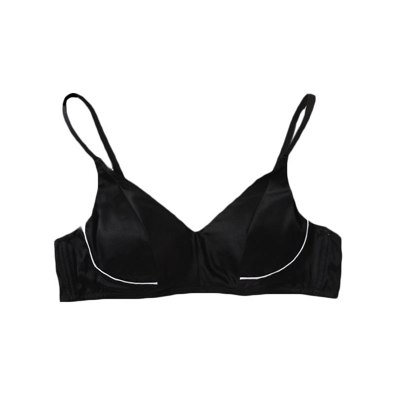 Mulberry Silk V-Neck Wireless Bra - Satin Smooth, High Side Support, Fashionable Color Block Design, Comfortable Fit.