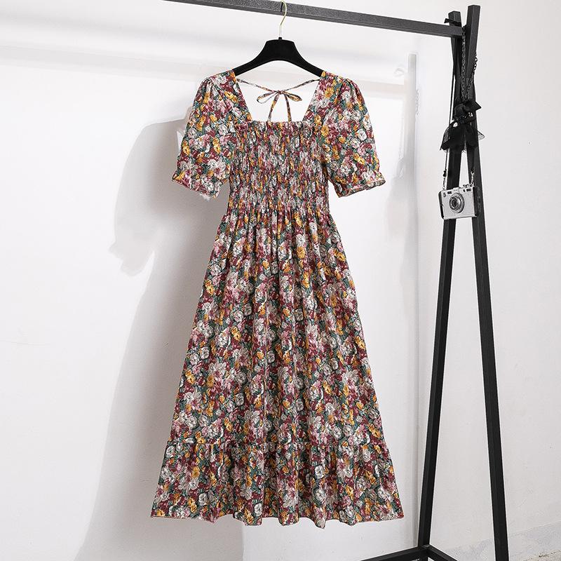 Spring Summer Chiffon Dresses Fashion Female Elastic Waist Short Sleeve Pleated Casual Dress Women A-line Dresses