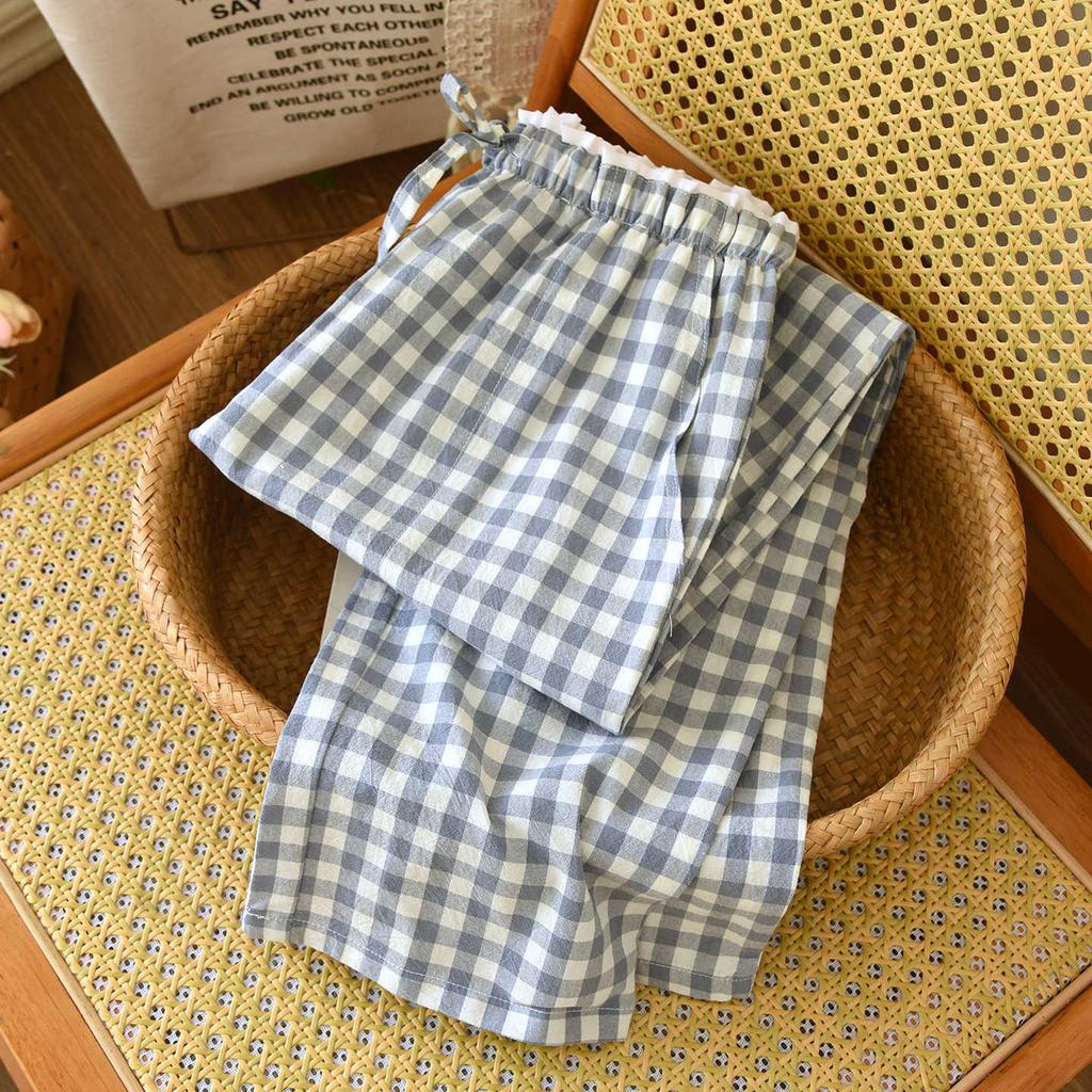 2026 New Women's Sleepwear 100% Cotton Gauze Lace Checkered Pants Japanese Minimalist Home Pants Bottoms Womens Sleepwear