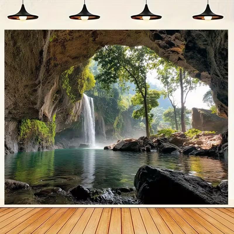 2D Natural Arch Waterfall Tapestry Forest Lake Backdrop Cloth for Living Room