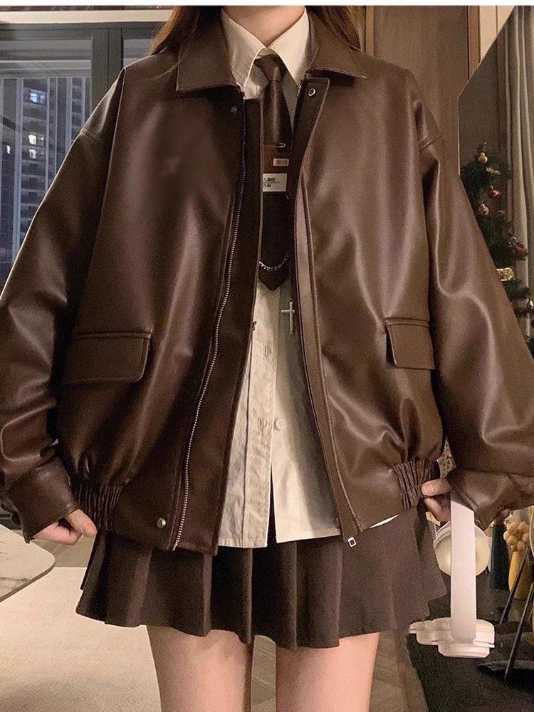 Women's Retro Brown Leather Motorcycle Jacket - Short, Loose Fit, Korean Style for Spring and Autumn, Small Size
