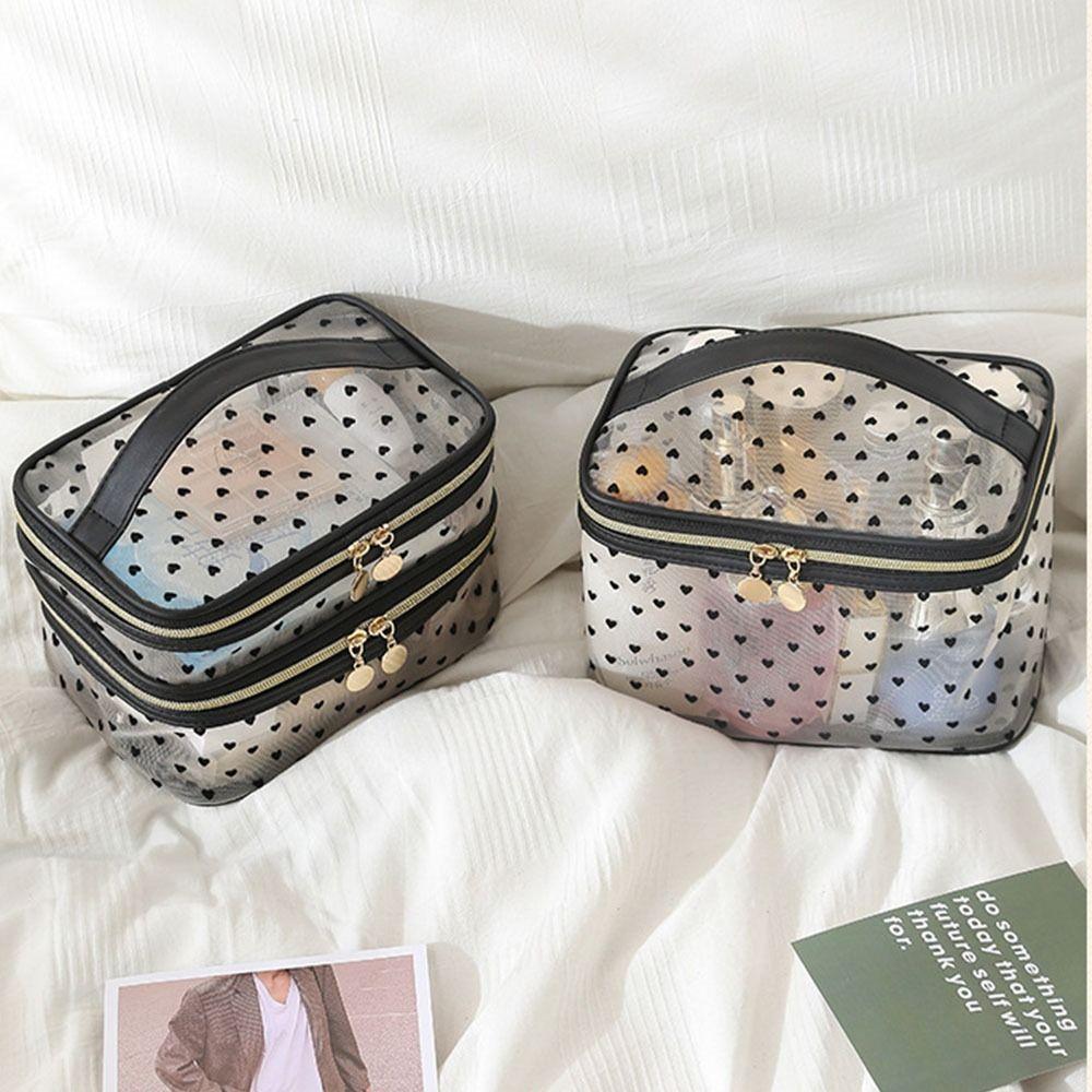 Double/Single Layer Mesh Love Makeup Bag Large Capacity Zipper Women Toiletry Bag Convenient To Carry Black Heart Printed