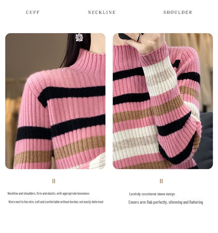 Pull Haut Col Rayé en Cachemire Tricoté pour Femme - Amincissant, Coupe Ample pour l'Automne et l'Hiver