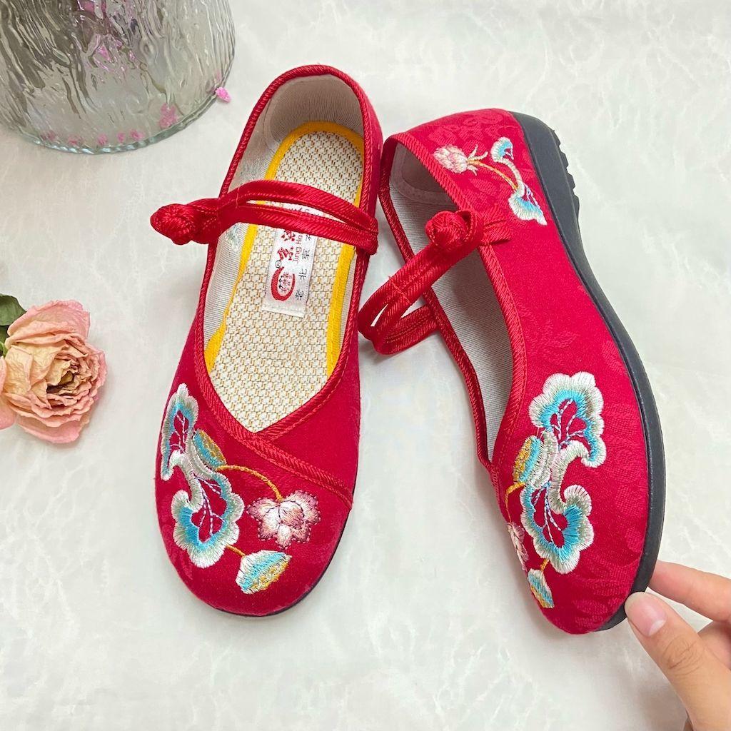 Zapatos De Mujer Women Fashion Wine Red Buckle Strap Anti Skid Shoes Lady Classic Pink Floral Embroidery Shoes Ab349