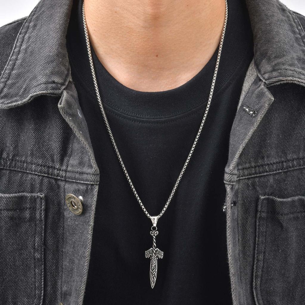 Fashion Retro Nordic Celtic Knots Rune Sword Pendant Stainless Steel Necklace for Men, Vintage Punk Jewelry Gift