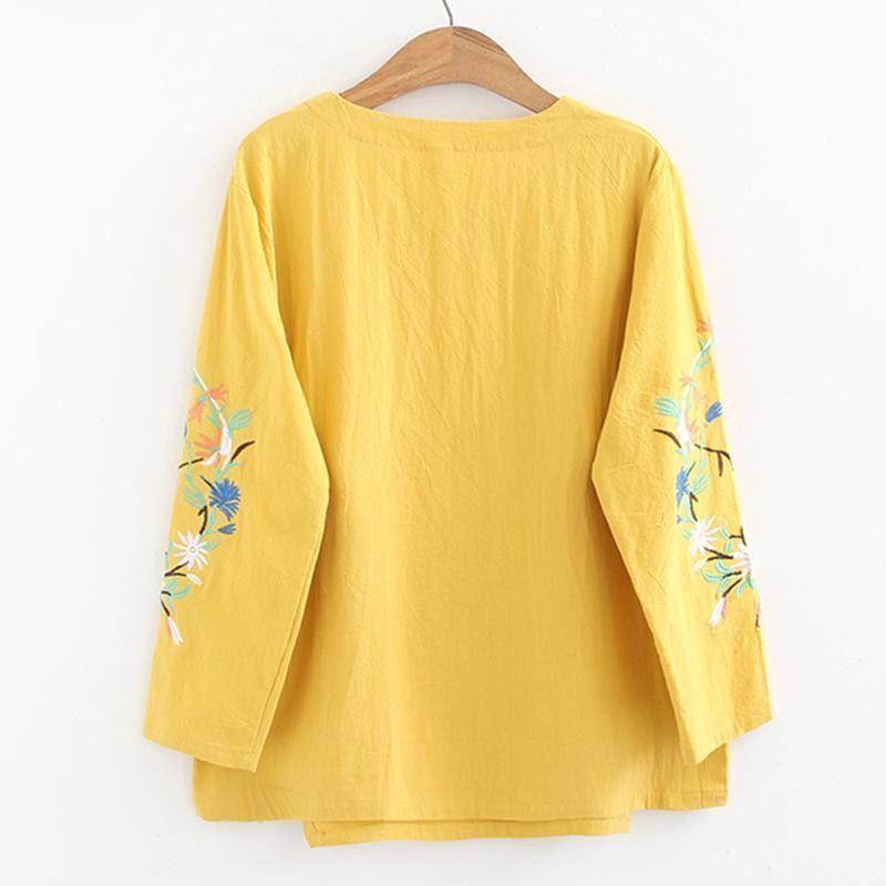 Camicetta Donna Lino Maglietta Manica Lunga Signora Taglie Forti Top Tunica Scollo a O Colore Unico Abbigliamento Casual