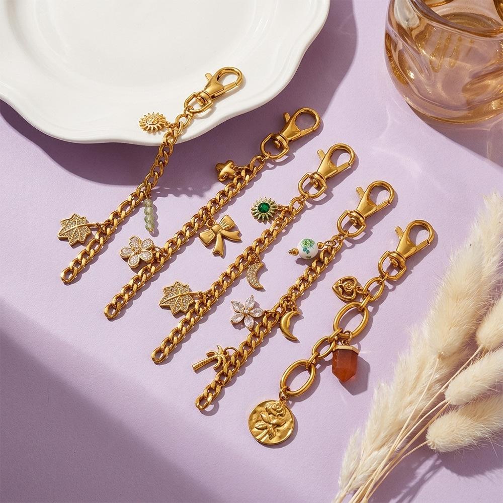 Ins Y2K Flower Natural Stone DIY Pendant Keychain, 18K Gold Plated Multi-element Pendant Chain