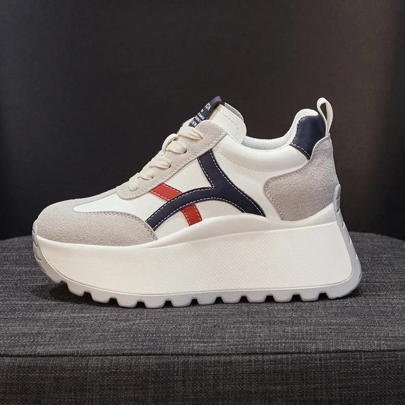 Fashion Top quality 8cm Genuine Leather Platform Wedge Women Spring Autumn Chunky Sneakers Shoes Breathable Comfortable Vulcanize boots