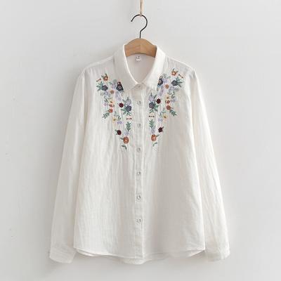 Women Spring Double Embroidery Shirts Turn-down Collar Loose Tops Girl Long Sleeve Blouses