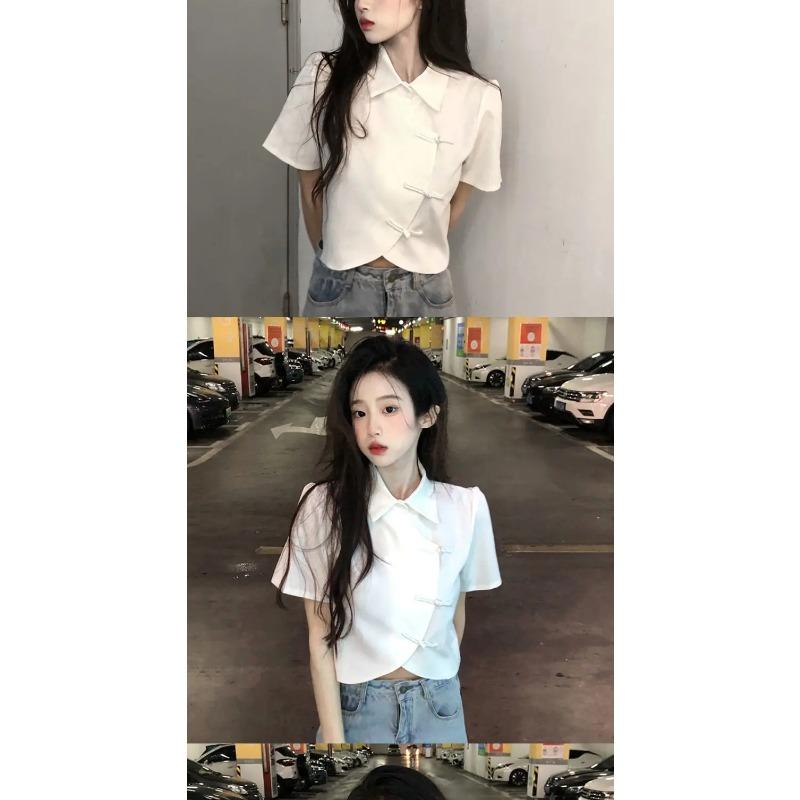 Chinese Style Shirts Women Modern Crop Pure Summer All-match Sweet Girl Irregular Fashion Lady Elegant Thin