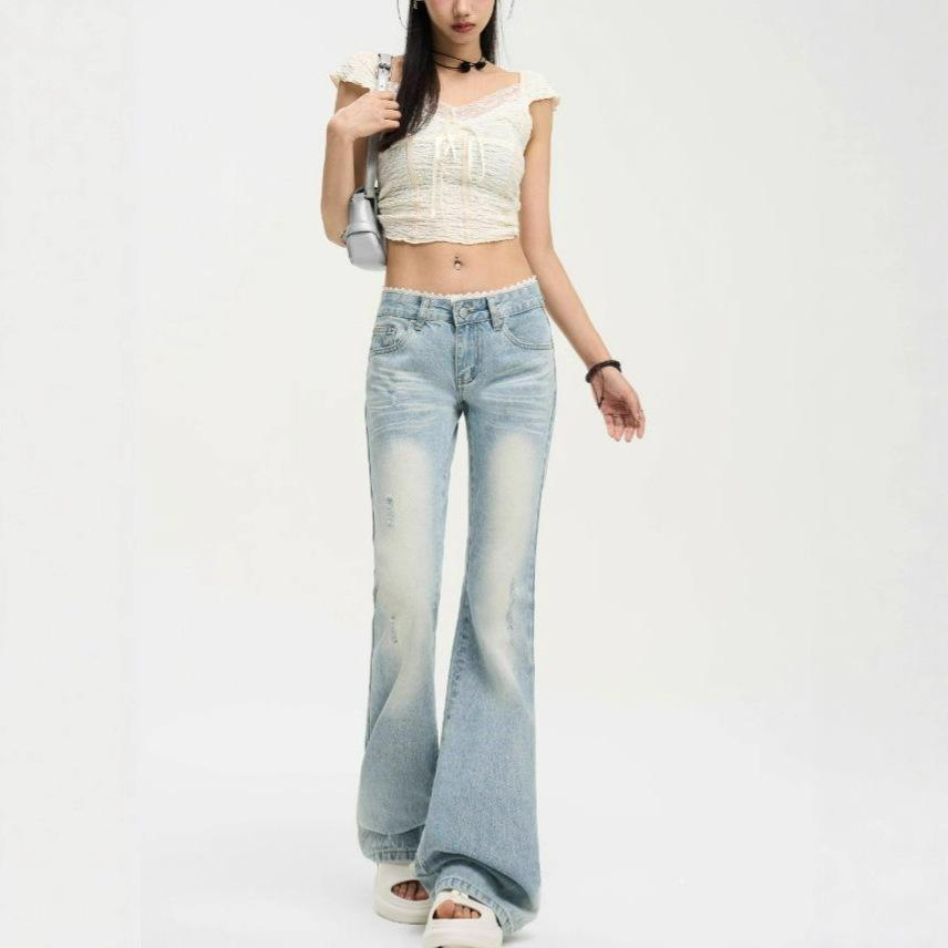 Lace Big Yards Light Blue Micro Flare Jeans Female Lace Low Waist Not Sticky Legs Skinny Straight Trousers Jeans for Women Long Denim Pants