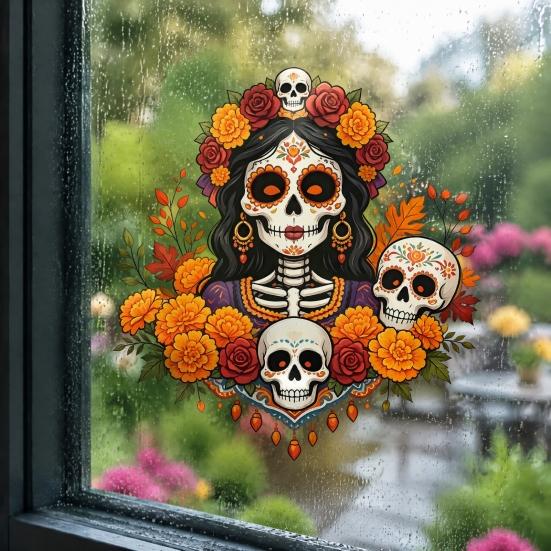 Unique Gift for Mexican Culture Fans Day of The Dead Window Clings, Dia De Los Muertos Sticker, Colorful Decorative Film Parties Sugar Skull