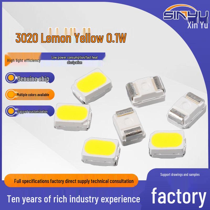 

3020 Світло-жовті SMD Світлодіодні Чіпи - 0,1 Вт, Висока Світлова Ефективність, Низьке Споживання Енергії, Довгий Термін Служби, Декоративне Освітлення для Вивісок