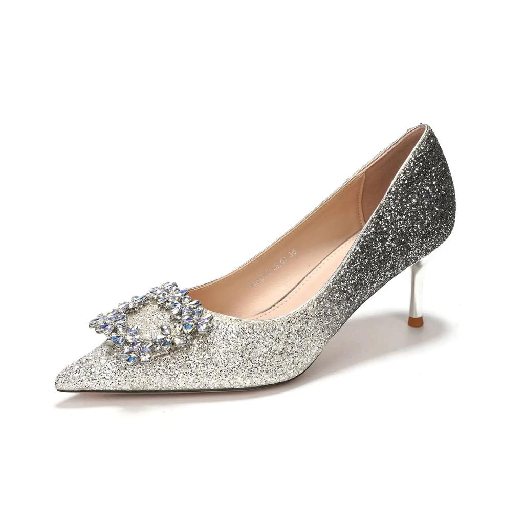 Autumn Luxury Ladies Pumps Rhinestone Square Buckle Women's High Heels Single Shoes Dress Banquet Wedding Shoes