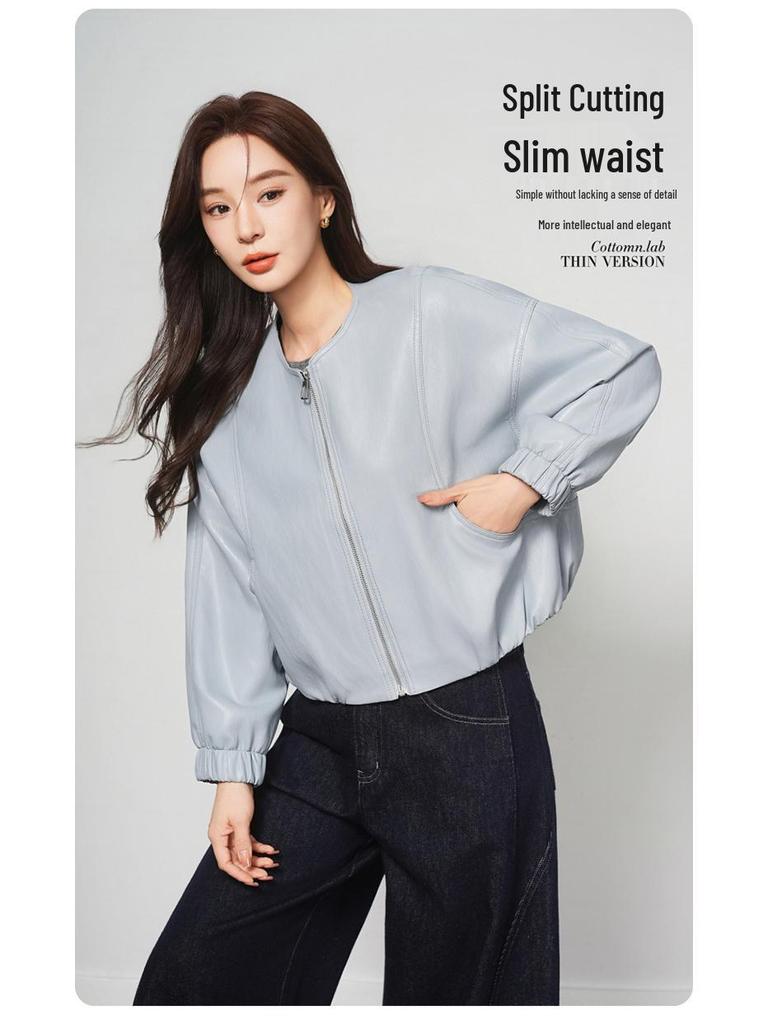 Women’s Genuine Sheepskin Leather Cardigan Jacket - Short, Round Neck, Loose Fit for 2026 Spring/Autumn.