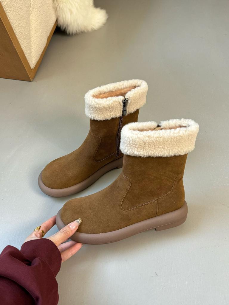 Thick-soled matte leather snow boots women's shoes 2025 new autumn and winter piled thickened cotton shoes warm fluffy boots short boots
