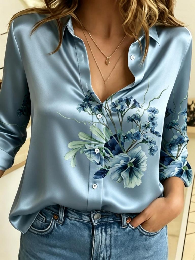 Women Lapel Collar Long Sleeve Button Down Shirt Vintage Wild Floral Bouquet Print Casual Loose Fit Blouse Tops