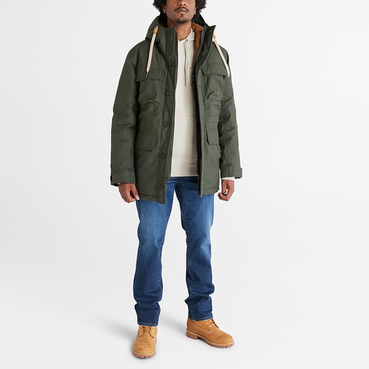 Timberland Solid Color Drawstring Flap Pocket Warm Hooded Down Jacket Men outerwear Green A6959-U31