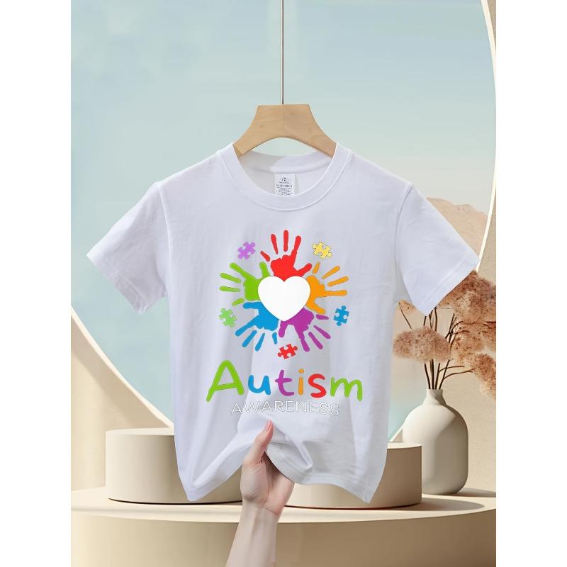 European Size Childrens Autism Awareness T Shirt Suitable for Boys and Girls Puzzle Pieces and Rainbow Handprint Design Short Sleeved Casual Shirt