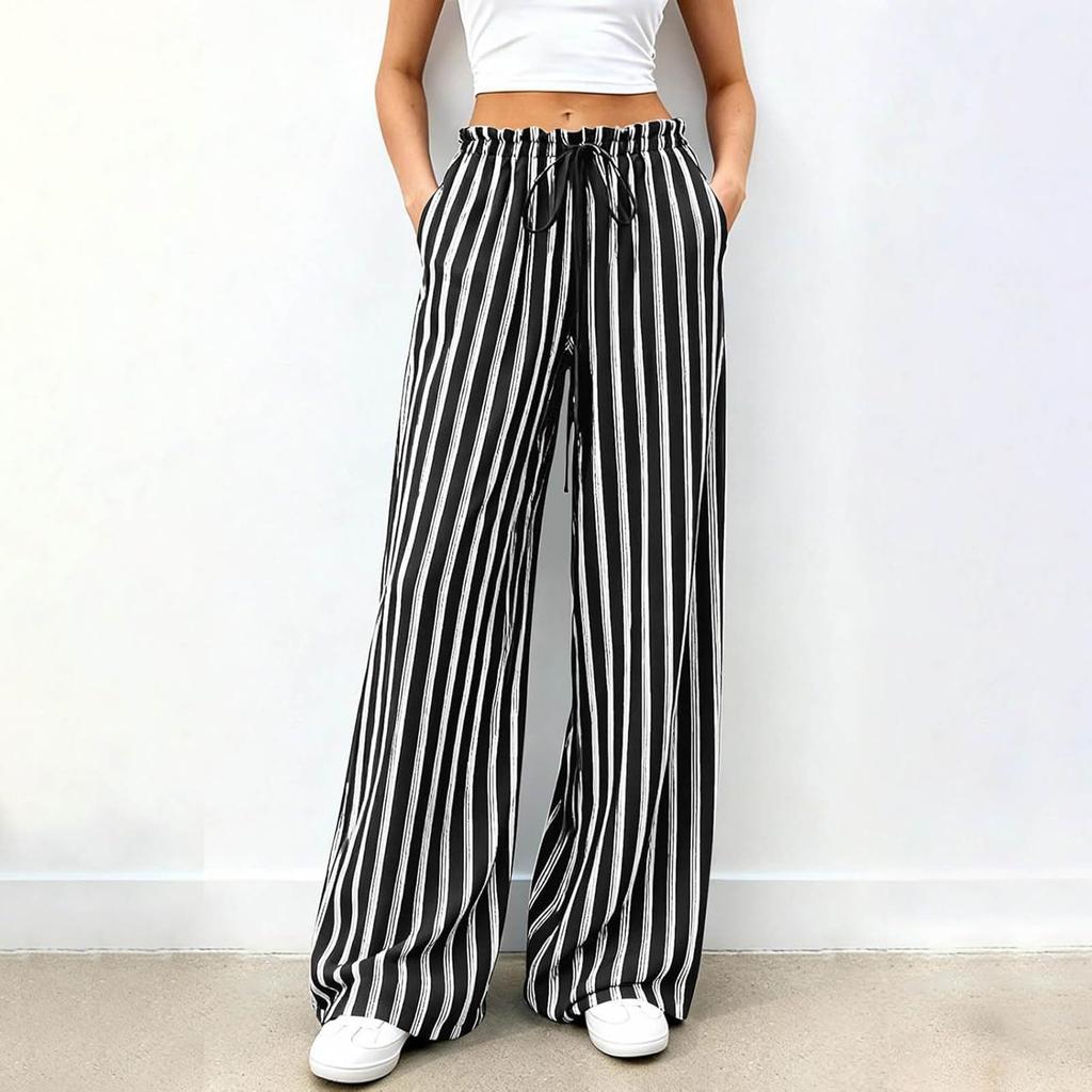 Pantaloni da Donna a Gamba Larga Vestibilità Larga Vita Elastica Fantasia a Righe Pantaloni Casual per Pendolarismo Uso Quotidiano Vestibilità Rilassata
