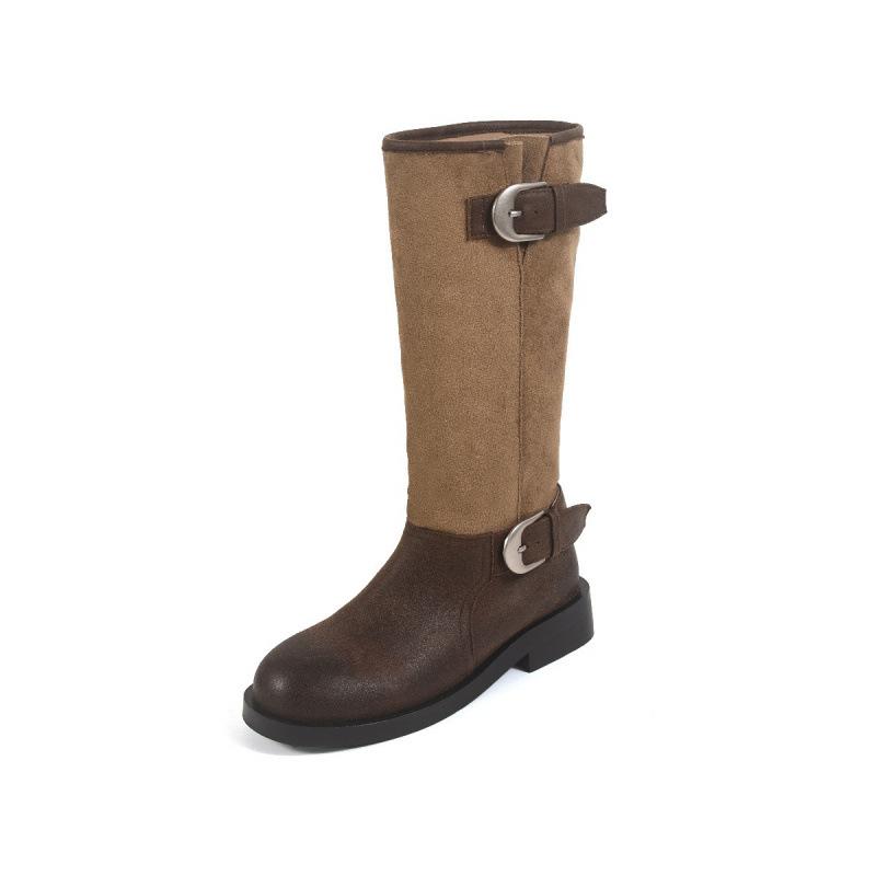 Cowhide version buckle locomotive boots long boots women's thick heel round head splicing western boots pleated stacking boots knight boots