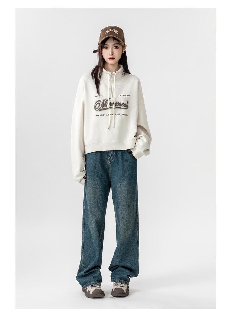 Europäischer Stil Stehkragen High Waist Sweatshirt für Damen - Übergröße, Schlankmachend, Lockere Passform, Kurzes Oberteil für Frühling & Herbst 2025