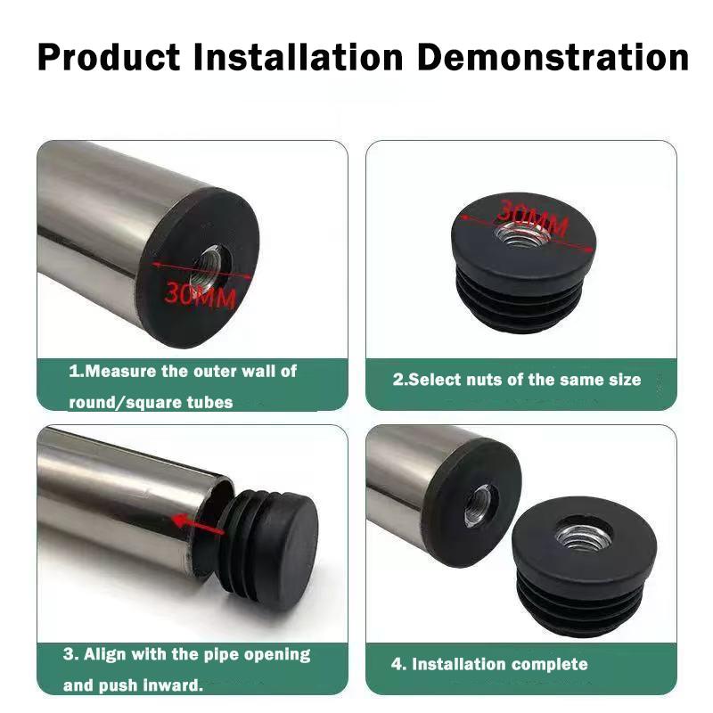 4/8pc Black Square/Round Plastic Pipe Plugs Furniture Leg Feet With M6 M8 M10 Nut Hole Tube Blanking End Inserts Caps Pipe Cover