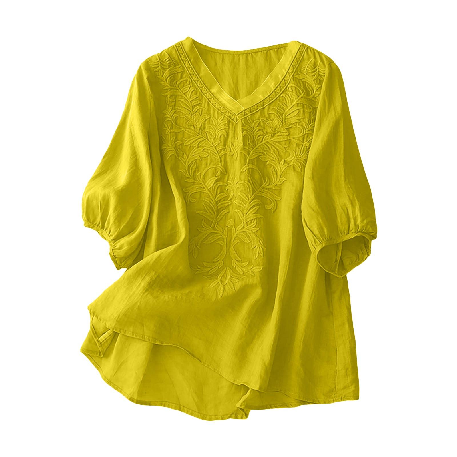 

Fashion Women s Shirt Five-quarter Sleeve Spring And Summer Loose Top Embroidered Shirt M жовтий