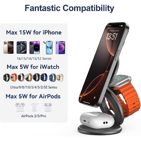 X63 3 in 1 Charging Station for Apple, Aluminum Alloy Foldable Magnetic Wireless Charger, Travel Charger for iPhone 16/15/14/13/12 Series, Apple