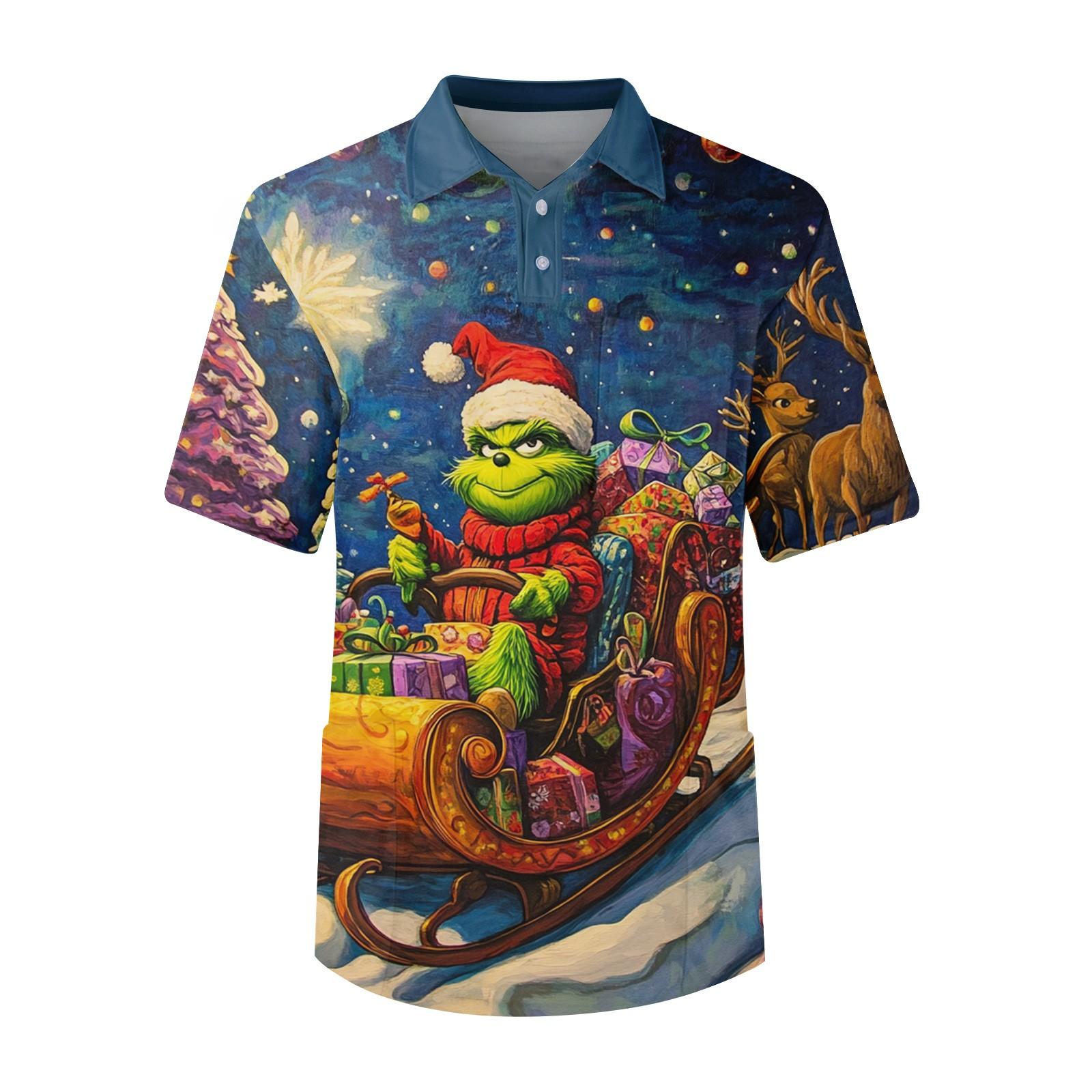 

Мужской топ с коротким рукавом, пуговицами, лацканами, рождественским принтом, нагрудным карманом, Dry-nurse XL