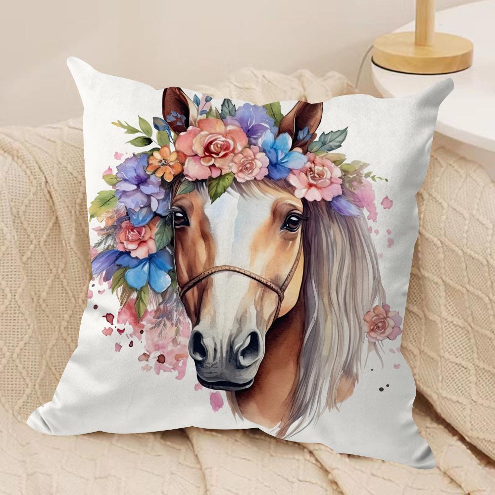 Watercolor Horse  Floral Cushion Cover Soft Plush Fabric DoubleSided Printed Cushion Covers for All Seasons Modern Home Decor