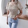 Women Spring Summer Chic Floral Print Shirt Blouse Top Square Collar Short Lantern Sleeve Ruffle Hem Slim Waist Simple Chiffon S-XL