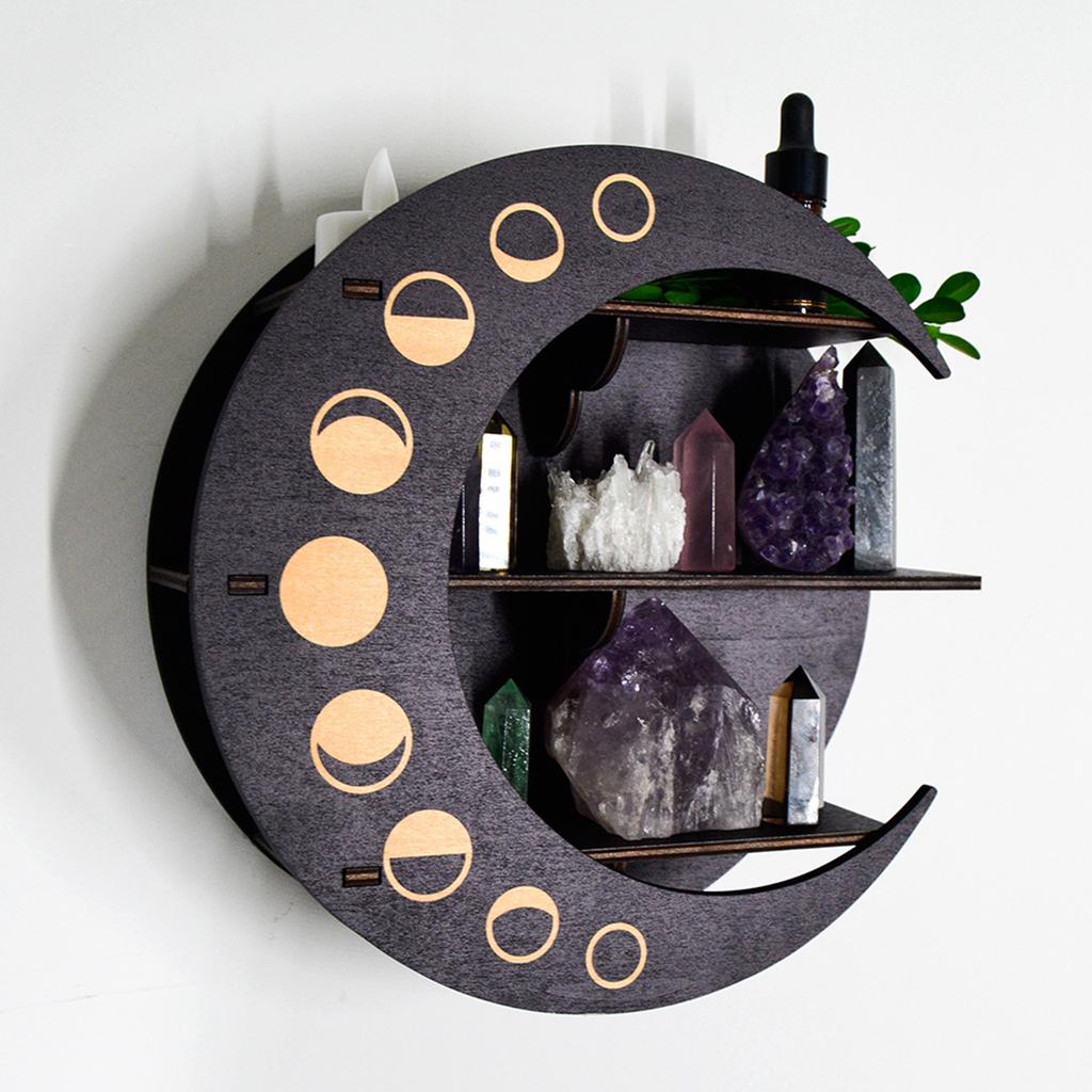 Moon Shelf for Stone and Crystal Essential Oil Display Wood Accent Shelf Storage Rack Organizer Bohemian Wall Decoration