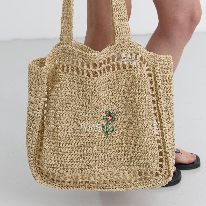 Dunst Hand Drawing Bloom Bag — Handmade Paper Yarn Shopper with Floral Embroidery | Korean Designer Brand | 2 Colours: Navy / Natural Cream