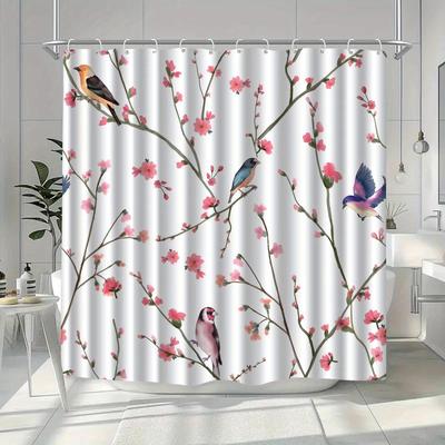 1pc Simple Floral and Bird Pattern Shower Curtain, Polyester Fabric, Machine Washable, Suitable for Bathroom Decoration