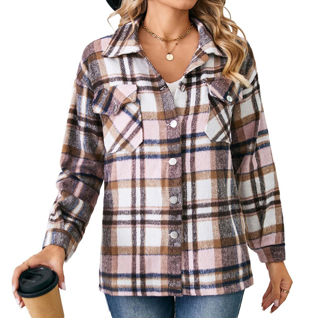 2024 European And American Autumn And Winter New Button Lapel Loose Long Sleeved Plaid Woolen Coat For Women