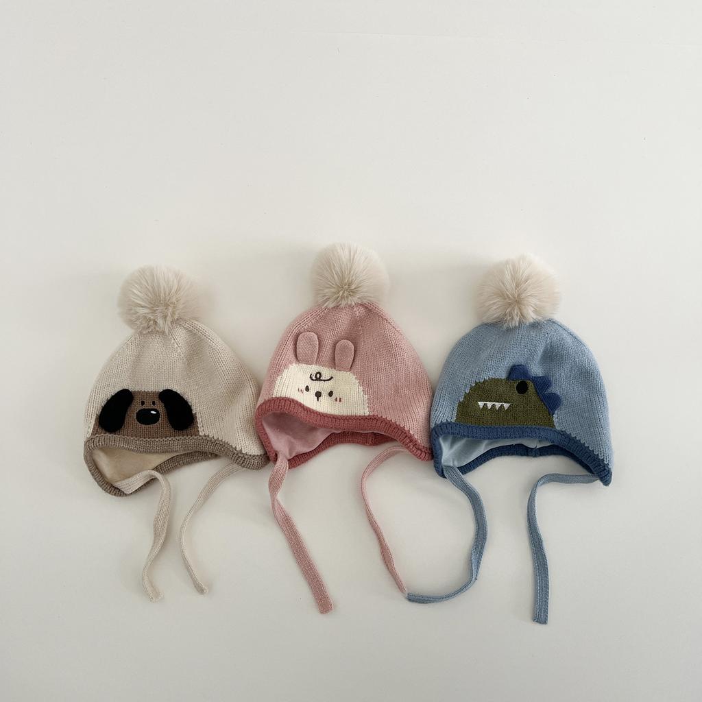 Kids Cartoon Earflap Beanie Winter Windproof Warm Knit Hat With Chin Strap For Boys Girls Outdoor Cute Baby Cap