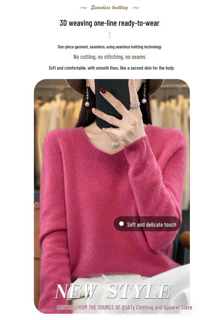 Light Luxury Women's V-neck 100% Wool Sweater - Autumn/Winter Versatile Knit Fashion Trend