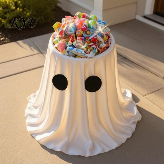 Hanging Ghost Decor Halloween Candy Bowl, Adjustable Height Large Holder, Trick or Spooky Yard Treat Standing Storage Dish for Porch Lawn Garden Prop