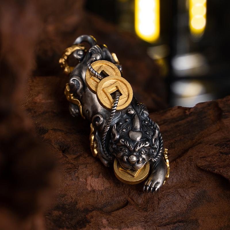 Gold-Plated S925 Sterling Silver Pixiu Pendant with Antiqued Guochao Design for Men and Women