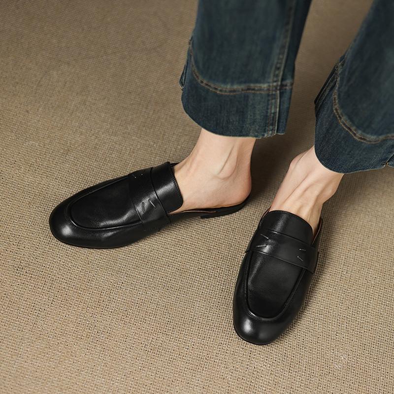 Fashion NEW Summer Women Mules Genuine Leather Shoes for Women Round Toe Low Heel Shoes Cover Toe Slip-on Women Sandals Retro Slippers