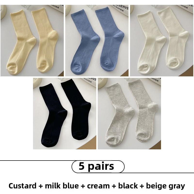5 Pairs of Women's Trendy Solid Color Vertical Striped Mid Tube Stack Socks